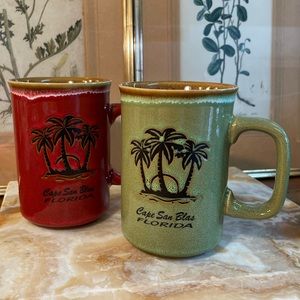 Florida Souvenir Coffee Tea Stoneware Mugs Cape San Blas Beach Palm Trees PAIR